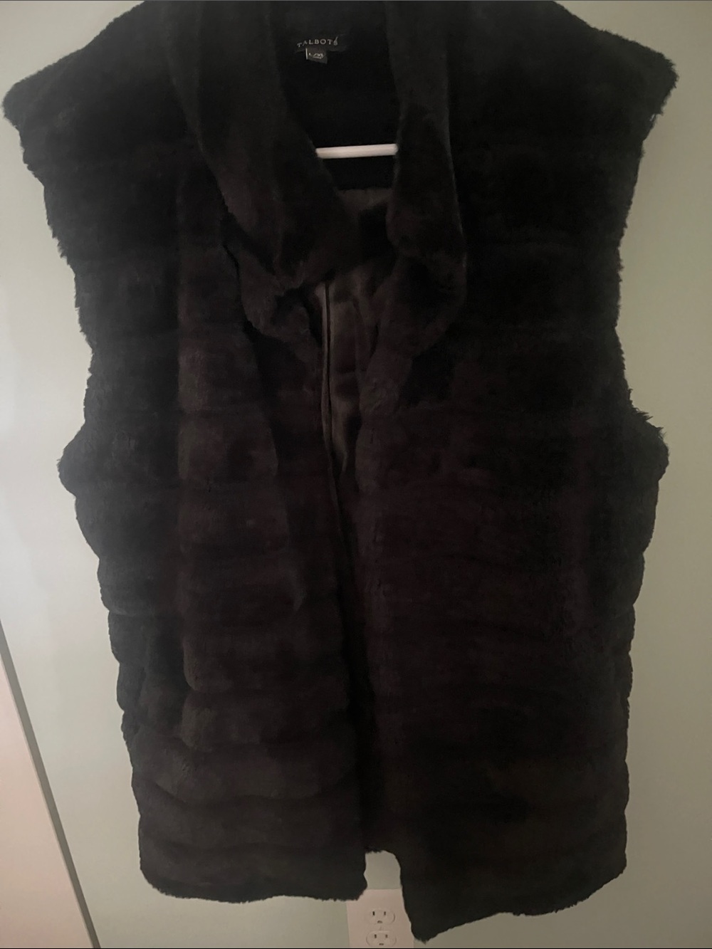 Talbots Black Faux Fur Sleeveless Vest with Shawl Collar
